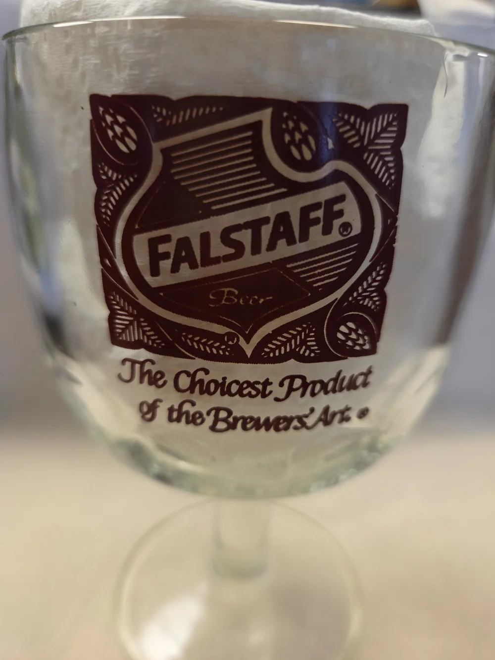 Vintage Falstaff Ale Brewer Thumbprint Goblet Stemmed Hesvy Glass 12 Oz